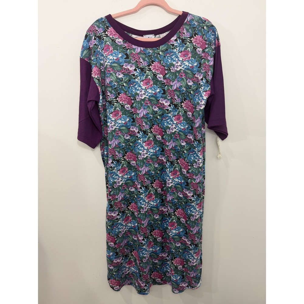 Vintage Nancy King Lingerie Floral Nightgown Purple Blue Short Sleeve NWT Small